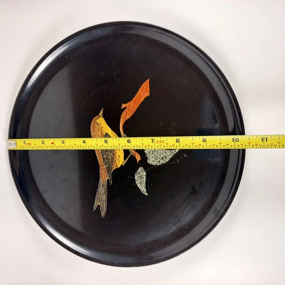 Vintage Couroc of Monterey Bird Wood Inlay Round Tray Black Mid Century MCM